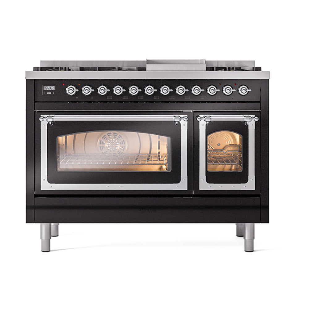 ILVE Nostalgie II Noblesse 48-Inch Freestanding Natural Gas Dual Fuel Range in Glossy Black with Chrome Trim (UN48FNMPBKC)