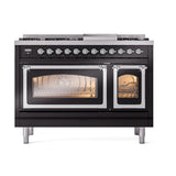 ILVE Nostalgie II Noblesse 48-Inch Freestanding Natural Gas Dual Fuel Range in Glossy Black with Chrome Trim (UN48FNMPBKC)