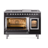 ILVE Nostalgie II Noblesse 48-Inch Freestanding Natural Gas Dual Fuel Range in Glossy Black with Chrome Trim (UN48FNMPBKC)