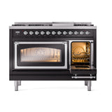 ILVE Nostalgie II Noblesse 48-Inch Freestanding Natural Gas Dual Fuel Range in Glossy Black with Chrome Trim (UN48FNMPBKC)