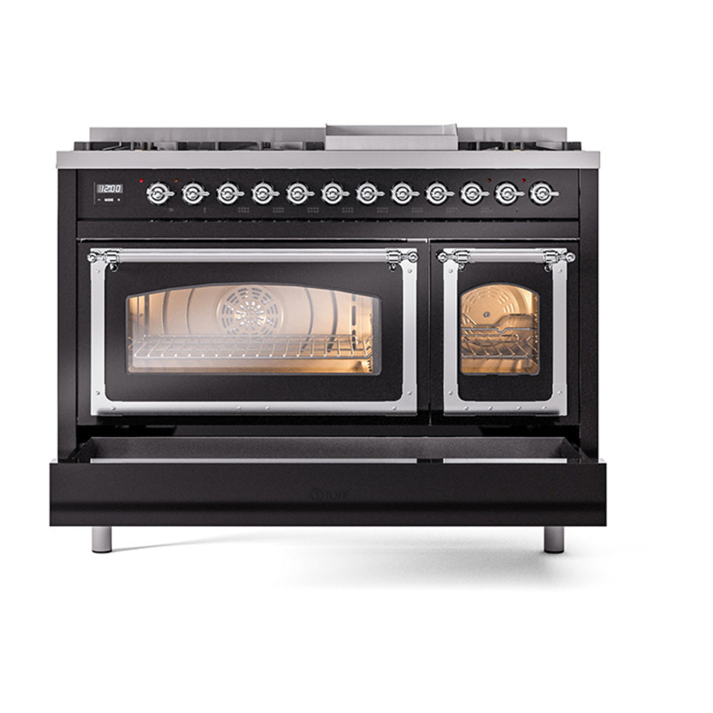 ILVE Nostalgie II Noblesse 48-Inch Freestanding Natural Gas Dual Fuel Range in Glossy Black with Chrome Trim (UN48FNMPBKC)