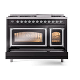 ILVE Nostalgie II Noblesse 48-Inch Freestanding Natural Gas Dual Fuel Range in Glossy Black with Chrome Trim (UN48FNMPBKC)