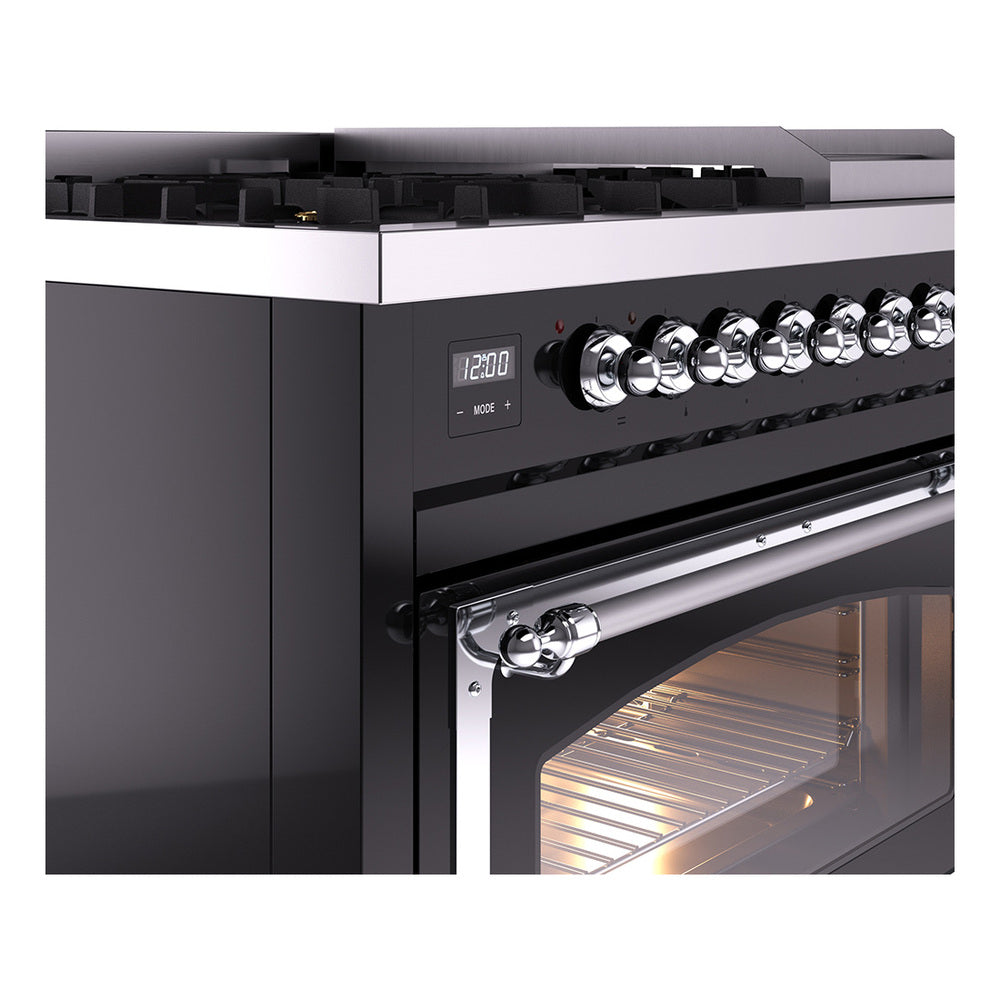 ILVE Nostalgie II Noblesse 48-Inch Freestanding Natural Gas Dual Fuel Range in Glossy Black with Chrome Trim (UN48FNMPBKC)