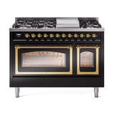 ILVE Nostalgie II Noblesse 48-Inch Dual Fuel Freestanding Range in Glossy Black with Brass Trim (UN48FNMPBKGLP)