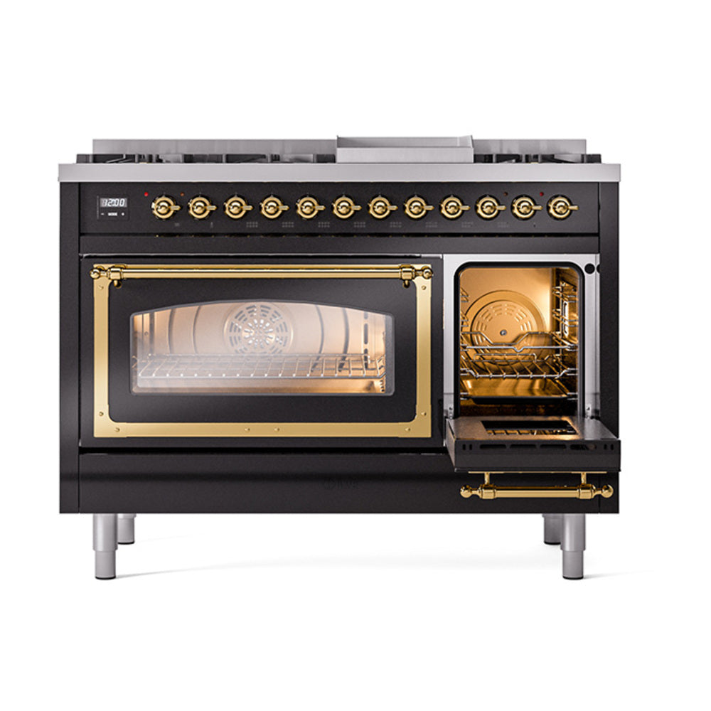 ILVE Nostalgie II Noblesse 48-Inch Dual Fuel Freestanding Range in Glossy Black with Brass Trim (UN48FNMPBKGLP)