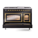 ILVE Nostalgie II Noblesse 48-Inch Dual Fuel Freestanding Range in Glossy Black with Brass Trim (UN48FNMPBKGLP)