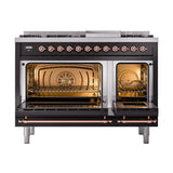 ILVE Nostalgie II Noblesse 48-Inch Freestanding Natural Gas Dual Fuel Range in Glossy Black with Copper Trim (UN48FNMPBKP)