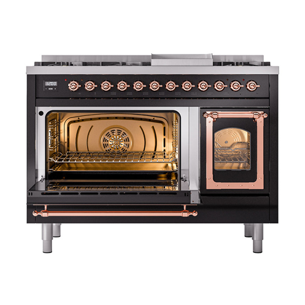 ILVE Nostalgie II Noblesse 48-Inch Freestanding Natural Gas Dual Fuel Range in Glossy Black with Copper Trim (UN48FNMPBKP)