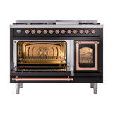 ILVE Nostalgie II Noblesse 48-Inch Freestanding Natural Gas Dual Fuel Range in Glossy Black with Copper Trim (UN48FNMPBKP)