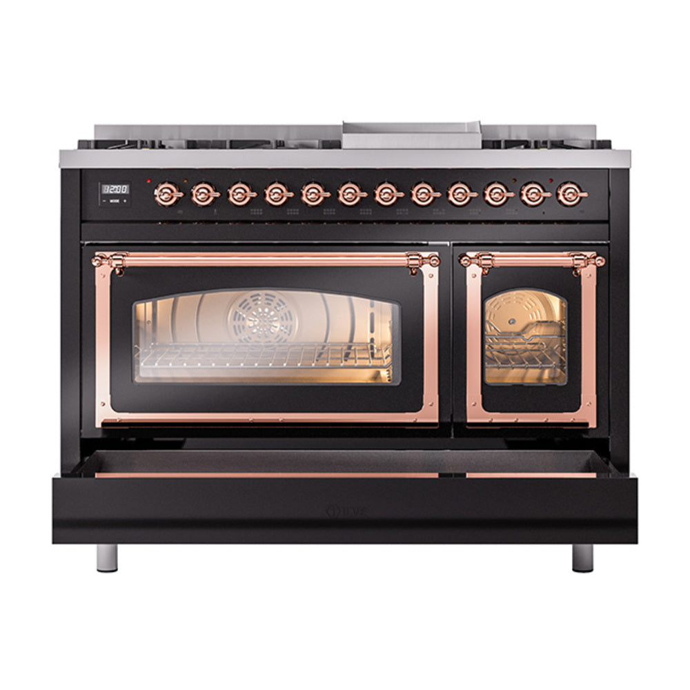 ILVE Nostalgie II Noblesse 48-Inch Freestanding Natural Gas Dual Fuel Range in Glossy Black with Copper Trim (UN48FNMPBKP)