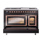 ILVE Nostalgie II Noblesse 48-Inch Freestanding Natural Gas Dual Fuel Range in Glossy Black with Copper Trim (UN48FNMPBKP)