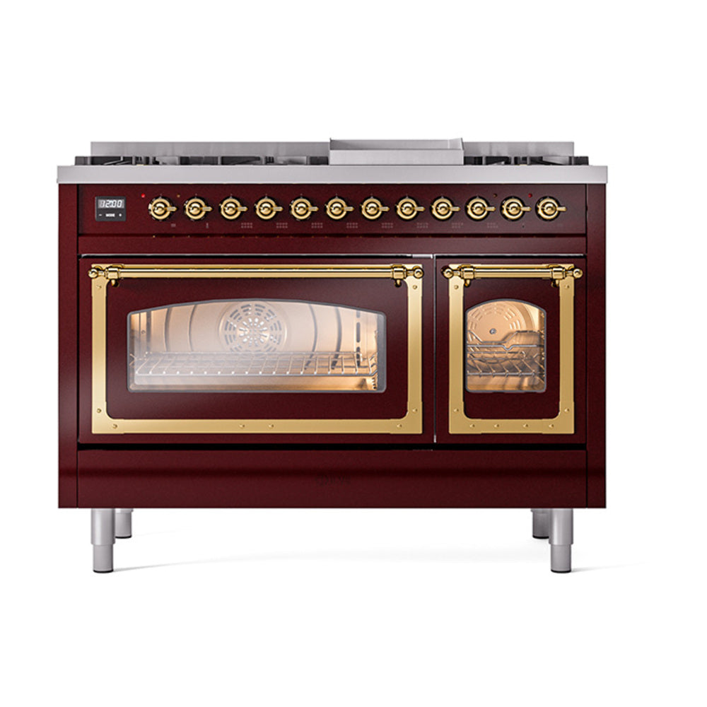 ILVE Nostalgie II Noblesse 48-Inch Freestanding Natural Gas Dual Fuel Range in Burgundy with Brass Trim (UN48FNMPBUG)