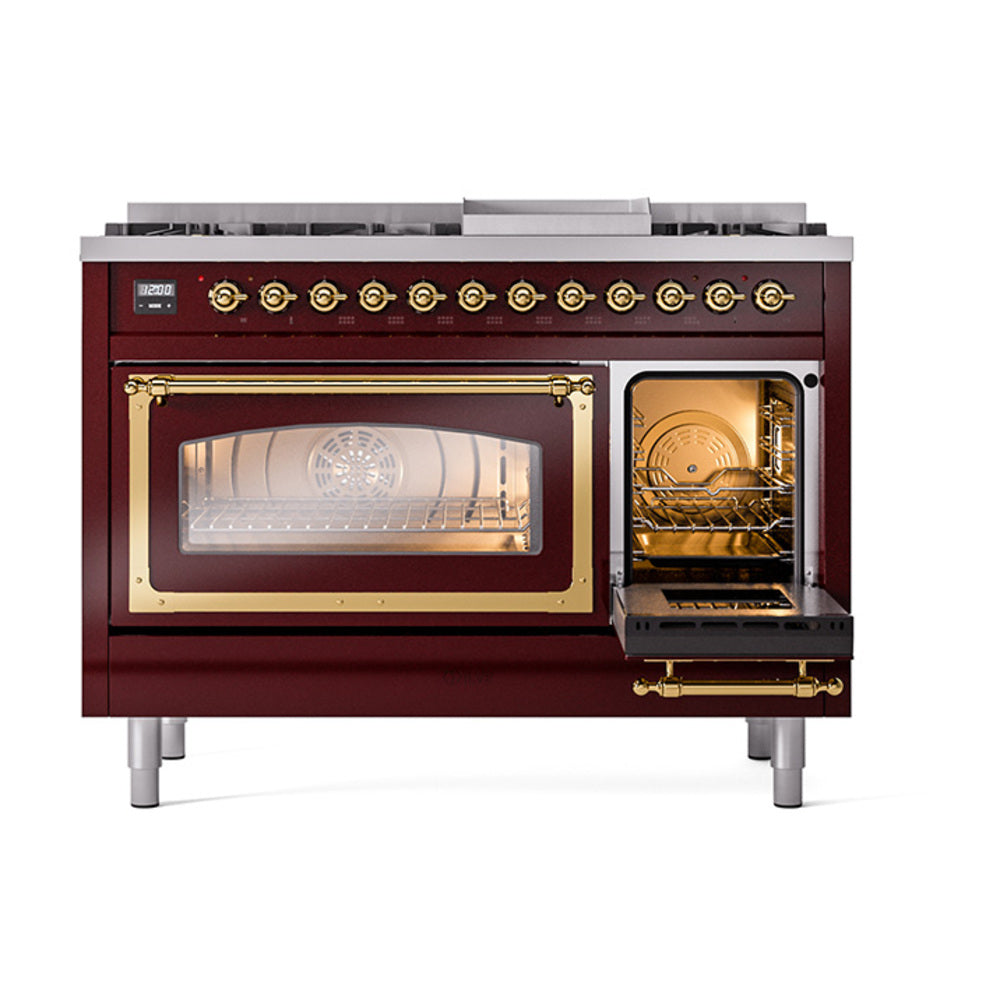 ILVE Nostalgie II Noblesse 48-Inch Freestanding Natural Gas Dual Fuel Range in Burgundy with Brass Trim (UN48FNMPBUG)