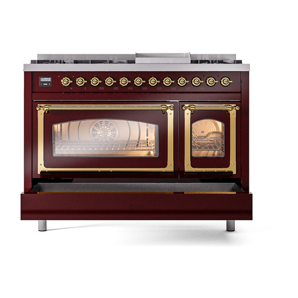 ILVE Nostalgie II Noblesse 48-Inch Freestanding Natural Gas Dual Fuel Range in Burgundy with Brass Trim (UN48FNMPBUG)
