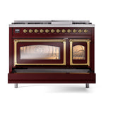 ILVE Nostalgie II Noblesse 48-Inch Freestanding Natural Gas Dual Fuel Range in Burgundy with Brass Trim (UN48FNMPBUG)
