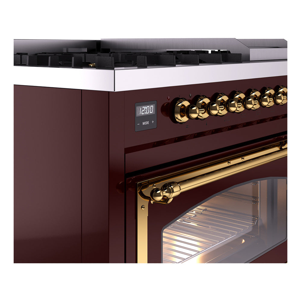 ILVE Nostalgie II Noblesse 48-Inch Freestanding Natural Gas Dual Fuel Range in Burgundy with Brass Trim (UN48FNMPBUG)