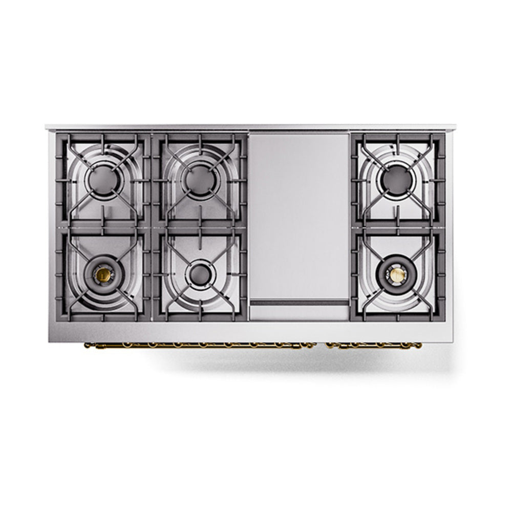 ILVE Nostalgie II Noblesse 48-Inch Freestanding Natural Gas Dual Fuel Range in Burgundy with Brass Trim (UN48FNMPBUG)