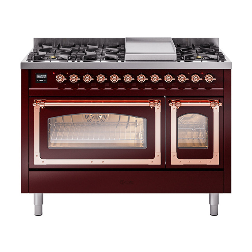 ILVE Nostalgie II Noblesse 48-Inch Dual Fuel Freestanding Range in Burgudy with Copper Trim (UN48FNMPBUPLP)
