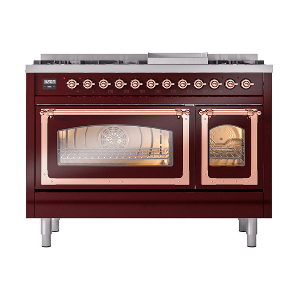 ILVE Nostalgie II Noblesse 48-Inch Dual Fuel Freestanding Range in Burgudy with Copper Trim (UN48FNMPBUPLP)