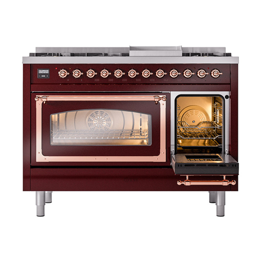 ILVE Nostalgie II Noblesse 48-Inch Dual Fuel Freestanding Range in Burgudy with Copper Trim (UN48FNMPBUPLP)