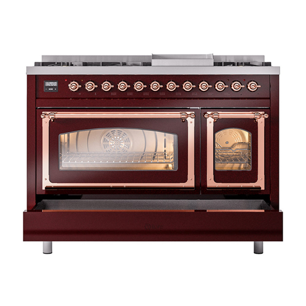 ILVE Nostalgie II Noblesse 48-Inch Dual Fuel Freestanding Range in Burgudy with Copper Trim (UN48FNMPBUPLP)