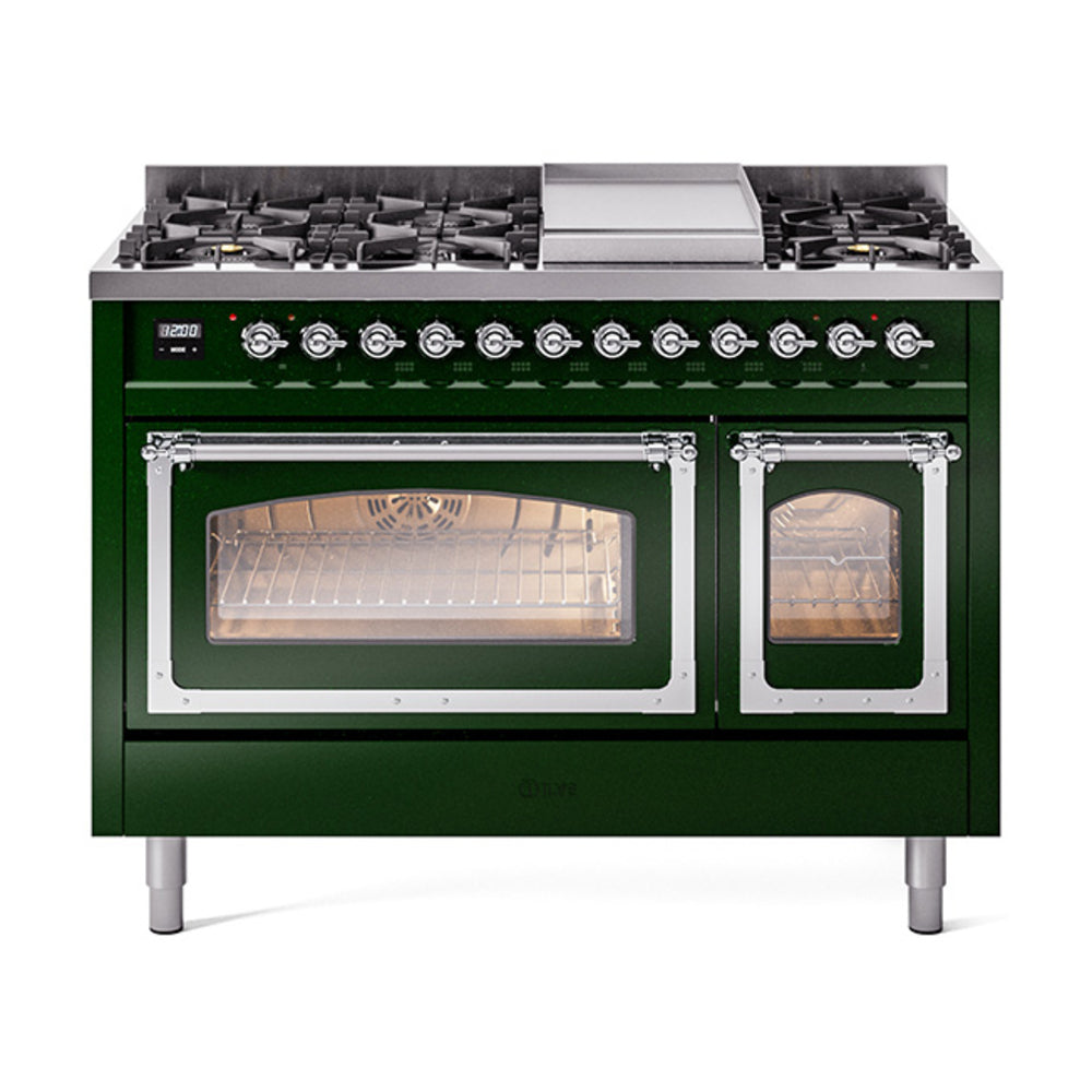 ILVE Nostalgie II Noblesse 48-Inch Freestanding Natural Gas Dual Fuel Range in Emerald Green with Chrome Trim (UN48FNMPEGC)