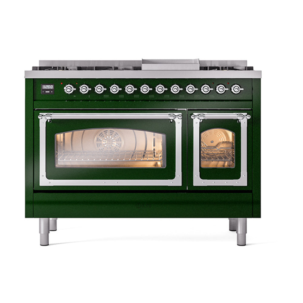 ILVE Nostalgie II Noblesse 48-Inch Freestanding Natural Gas Dual Fuel Range in Emerald Green with Chrome Trim (UN48FNMPEGC)