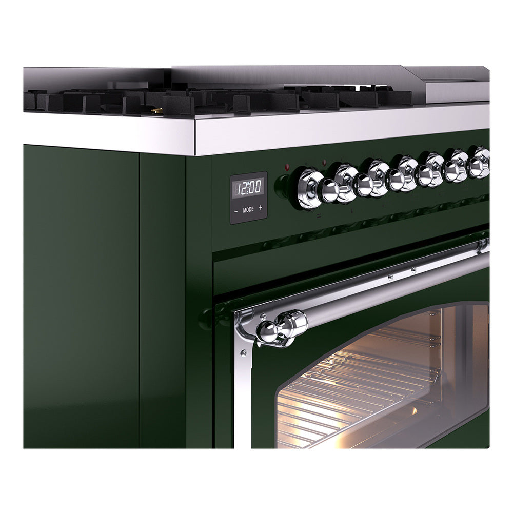 ILVE Nostalgie II Noblesse 48-Inch Freestanding Natural Gas Dual Fuel Range in Emerald Green with Chrome Trim (UN48FNMPEGC)