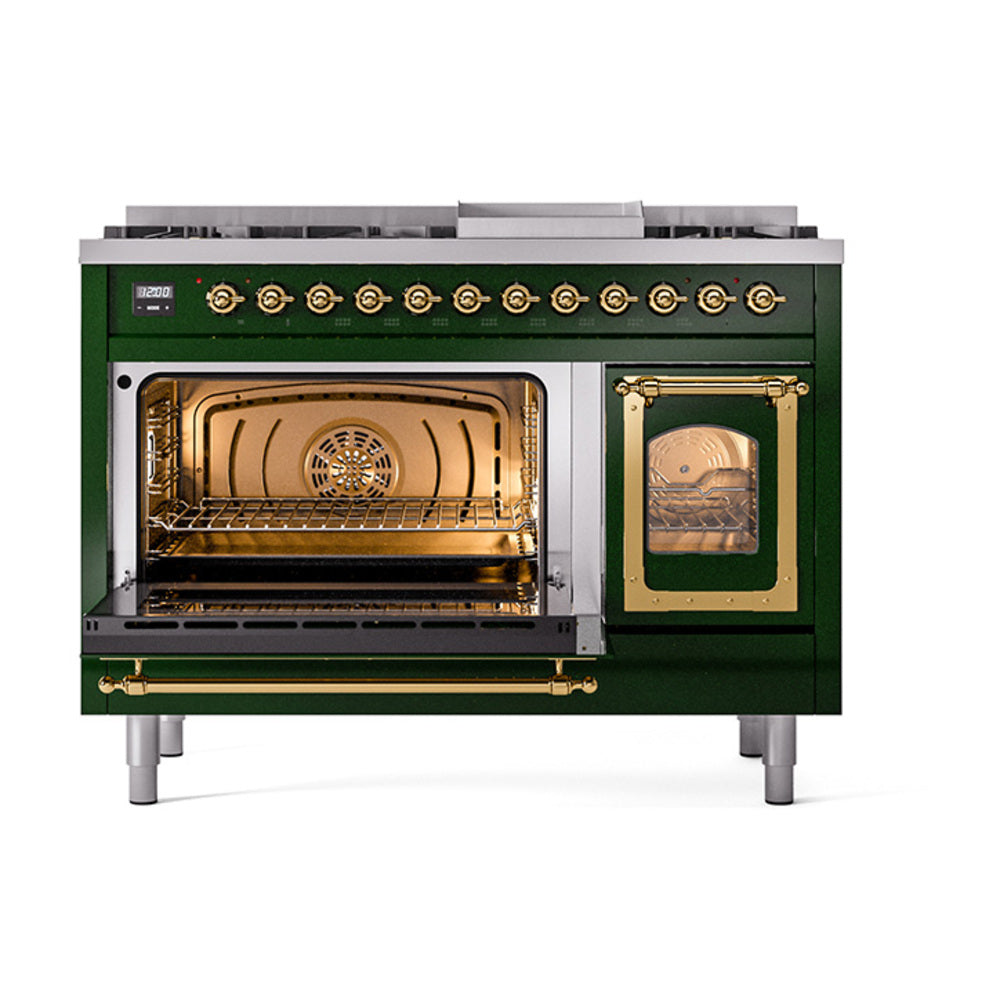 ILVE Nostalgie II Noblesse 48-Inch Dual Fuel Freestanding Range in Emerald Green with Brass Trim (UN48FNMPEGGLP)
