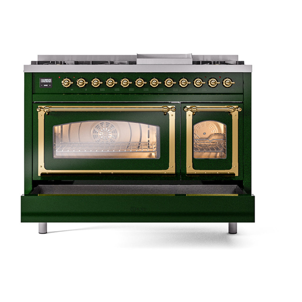 ILVE Nostalgie II Noblesse 48-Inch Dual Fuel Freestanding Range in Emerald Green with Brass Trim (UN48FNMPEGGLP)