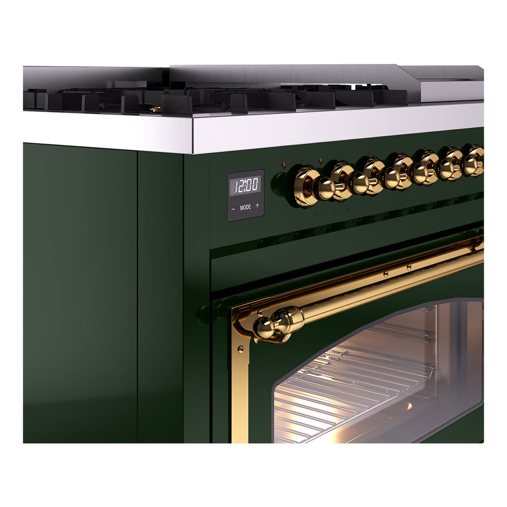 ILVE Nostalgie II Noblesse 48-Inch Dual Fuel Freestanding Range in Emerald Green with Brass Trim (UN48FNMPEGGLP)