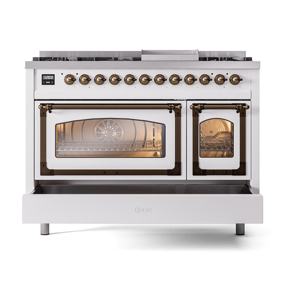 ILVE Nostalgie II Noblesse 48-Inch Freestanding Natural Gas Dual Fuel Range in Custom RAL with Bronze Trim (UN48FNMPRAB)