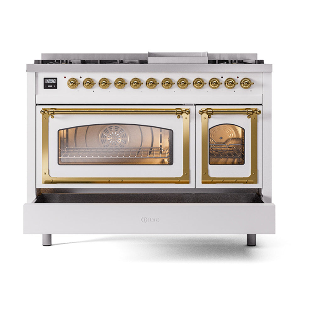 ILVE Nostalgie II Noblesse 48-Inch Dual Fuel Freestanding Range in RAL with Brass Trim (UN48FNMPRAGLP)