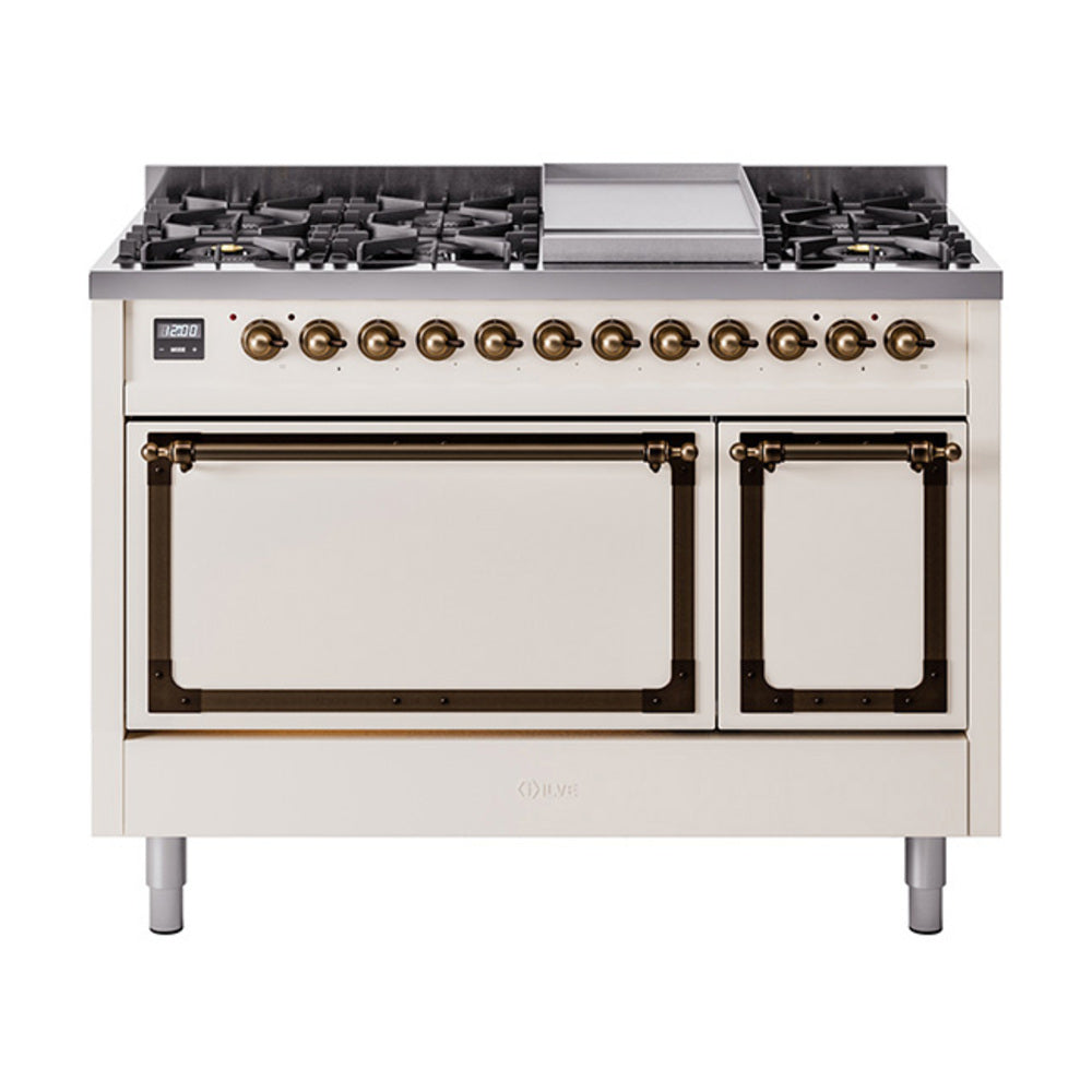 ILVE Nostalgie II Noblesse 48-Inch Dual Fuel Freestanding Range with Solid Door Oven in Antique White with Bronze Trim (UN48FQNMPAWBLP)