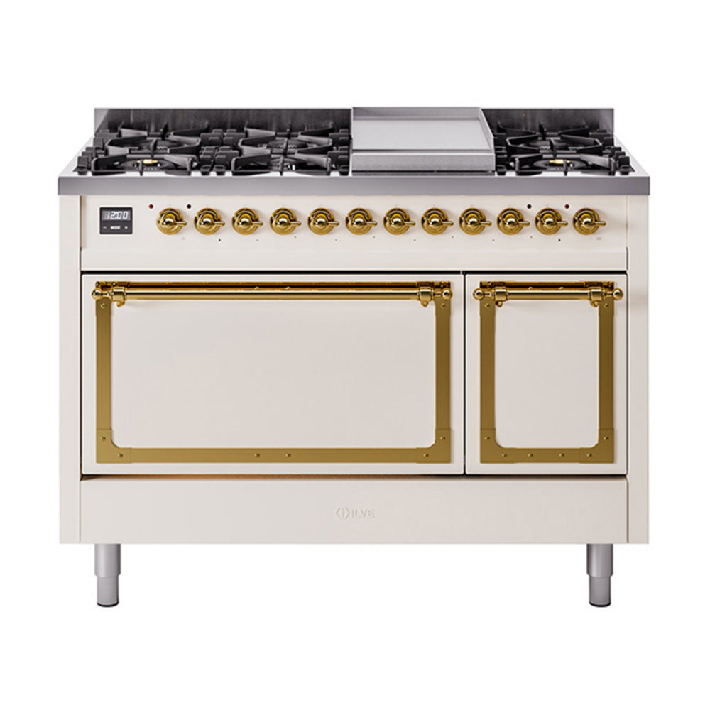ILVE Nostalgie II Noblesse 48-Inch Dual Fuel Freestanding Range with Solid Door Oven in Antique White with Brass Trim (UN48FQNMPAWGLP)