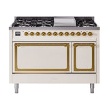 ILVE Nostalgie II Noblesse 48-Inch Dual Fuel Freestanding Range with Solid Door Oven in Antique White with Brass Trim (UN48FQNMPAWGLP)