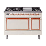 ILVE Nostalgie II Noblesse 48-Inch Freestanding Natural Gas Dual Fuel Range with Solid Door Oven in Antique White with Copper Trim (UN48FQNMPAWP)