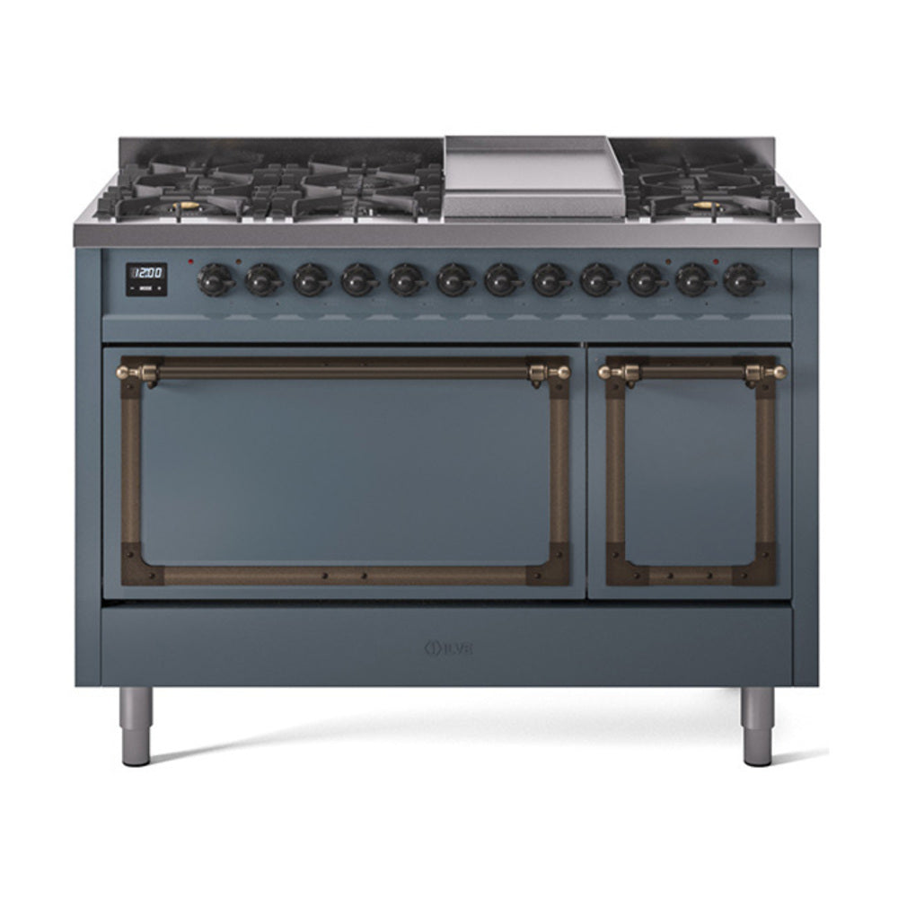 ILVE Nostalgie II Noblesse 48-Inch Dual Fuel Freestanding Range with Solid Door Oven in Blue Grey with Bronze Trim (UN48FQNMPBGBLP)