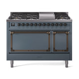ILVE Nostalgie II Noblesse 48-Inch Dual Fuel Freestanding Range with Solid Door Oven in Blue Grey with Bronze Trim (UN48FQNMPBGBLP)