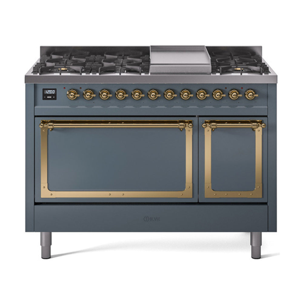ILVE Nostalgie II Noblesse 48-Inch Dual Fuel Freestanding Range with Solid Door Oven in Blue Grey with Brass Trim (UN48FQNMPBGGLP)