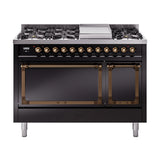 ILVE Nostalgie II Noblesse 48-Inch Freestanding Natural Gas Dual Fuel Range with Solid Door Oven in Glossy Black with Bronze Trim (UN48FQNMPBKB)