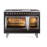 ILVE Nostalgie II Noblesse 48-Inch Freestanding Natural Gas Dual Fuel Range with Solid Door Oven in Glossy Black with Bronze Trim (UN48FQNMPBKB)
