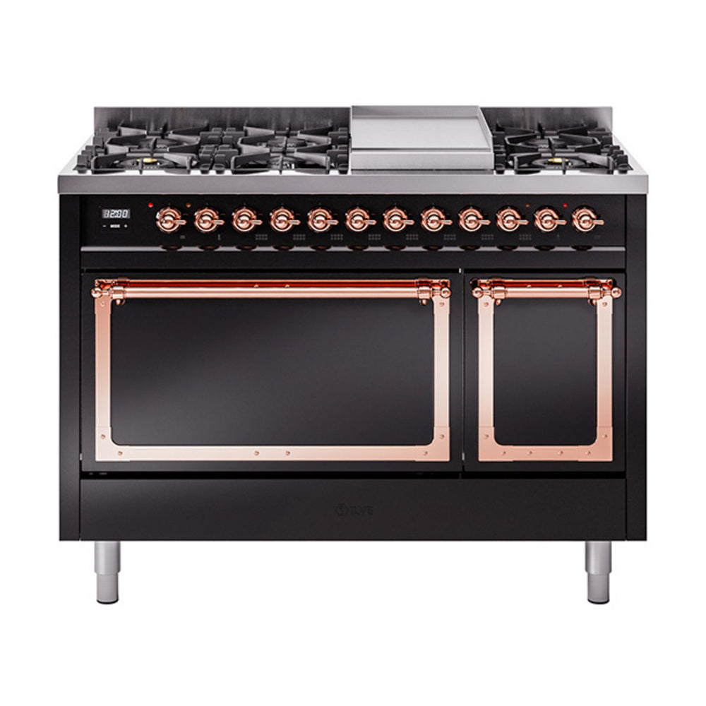 ILVE Nostalgie II Noblesse 48-Inch Freestanding Natural Gas Dual Fuel Range with Solid Door Oven in Glossy Black with Copper Trim (UN48FQNMPBKP)