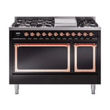 ILVE Nostalgie II Noblesse 48-Inch Freestanding Natural Gas Dual Fuel Range with Solid Door Oven in Glossy Black with Copper Trim (UN48FQNMPBKP)