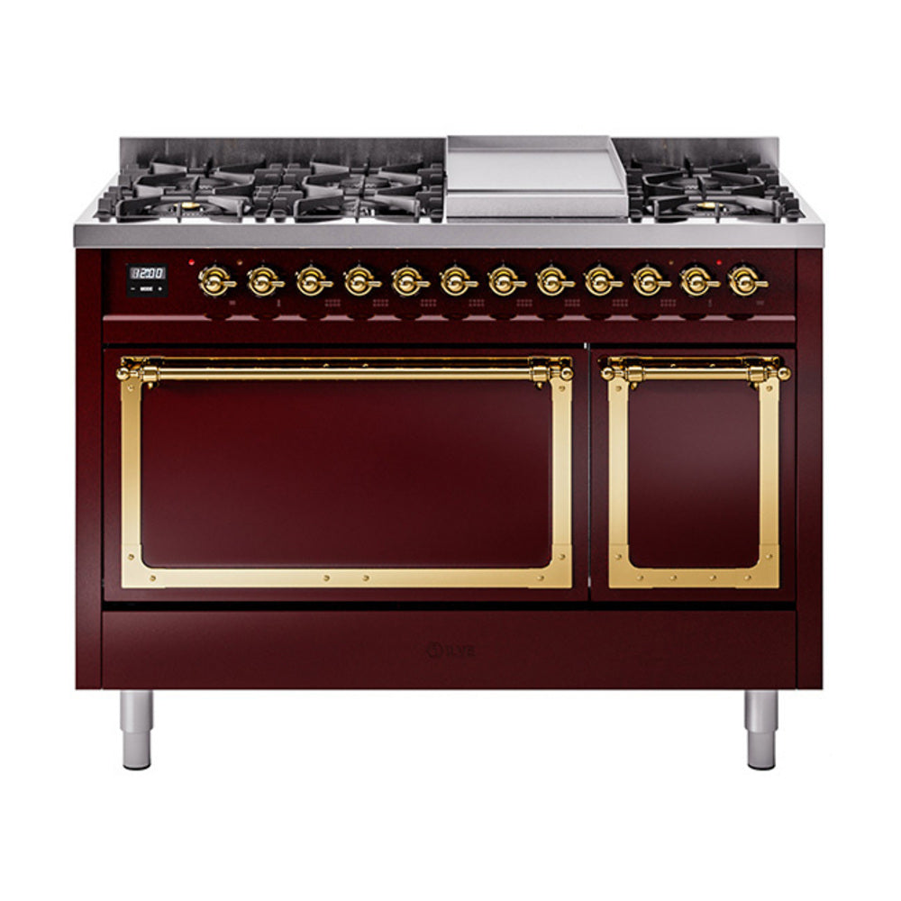 ILVE Nostalgie II Noblesse 48-Inch Dual Fuel Freestanding Range with Solid Door Oven in Burgundy with Brass Trim (UN48FQNMPBUGLP)