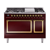 ILVE Nostalgie II Noblesse 48-Inch Dual Fuel Freestanding Range with Solid Door Oven in Burgundy with Brass Trim (UN48FQNMPBUGLP)