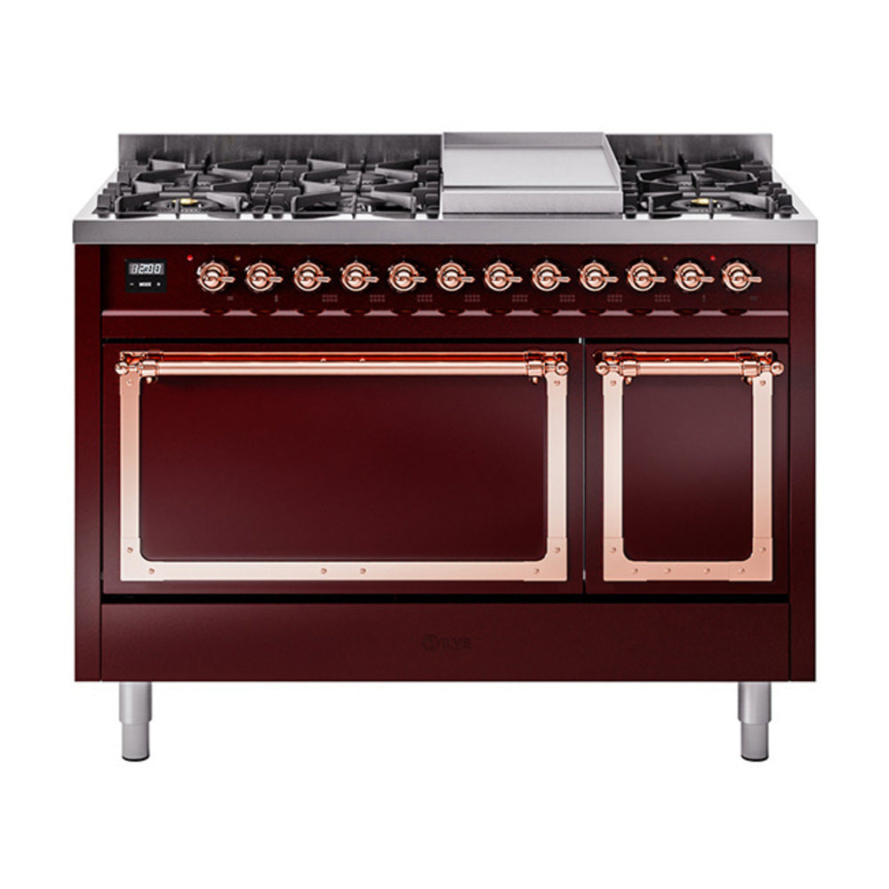 ILVE Nostalgie II Noblesse 48-Inch Dual Fuel Freestanding Range with Solid Door Oven in Burgundy with Copper Trim (UN48FQNMPBUPLP)