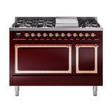 ILVE Nostalgie II Noblesse 48-Inch Dual Fuel Freestanding Range with Solid Door Oven in Burgundy with Copper Trim (UN48FQNMPBUPLP)