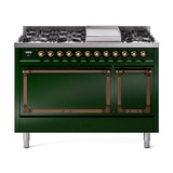 ILVE Nostalgie II Noblesse 48-Inch Dual Fuel Freestanding Range with Solid Door Oven in Emerald Green with Bronze Trim (UN48FQNMPEGBLP)