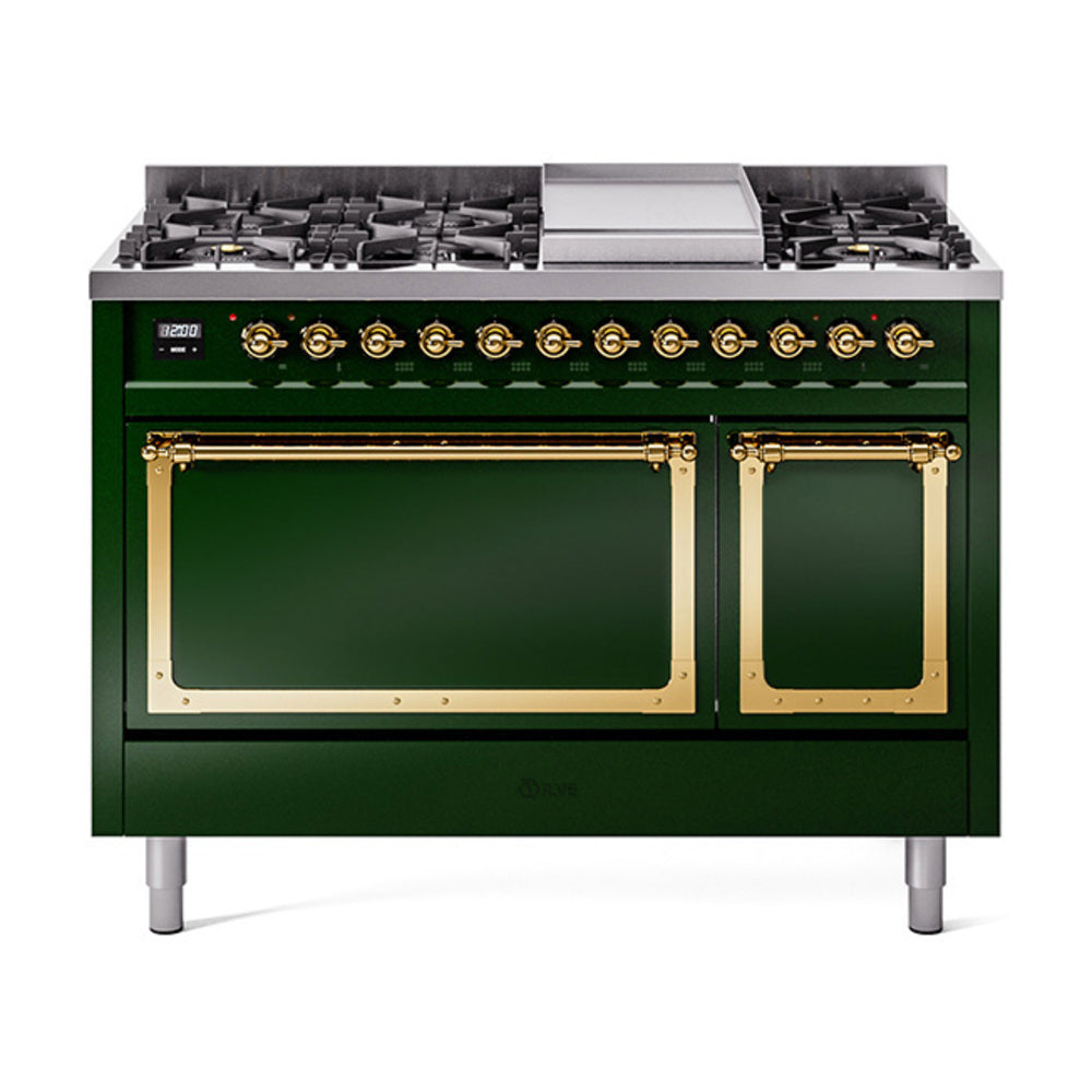 ILVE Nostalgie II Noblesse 48-Inch Dual Fuel Freestanding Range with Solid Door Oven in Emerald Green with Brass Trim (UN48FQNMPEGGLP)